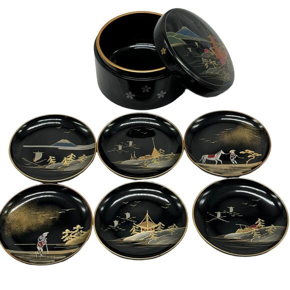 Vintage Aizu Lacquerware Coasters Set of 6 with Storage Box - Picture 1 of 4